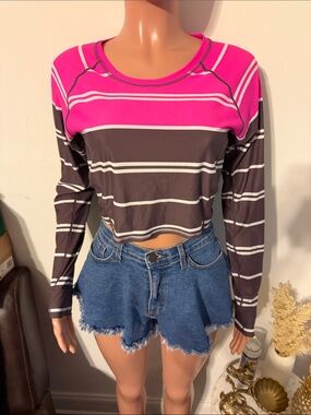 Women’s Striped Long Sleeve Crop Top - Pink & Gray